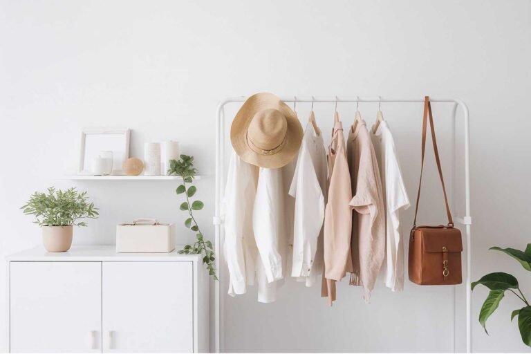 Minimalist wardrobe organized by a decluttering service with neutral clothing on a clothing rack.
