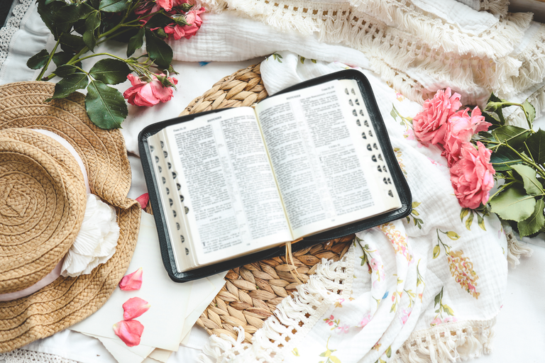Open Bible surrounded by pink roses for Letting Go and Letting God verses.