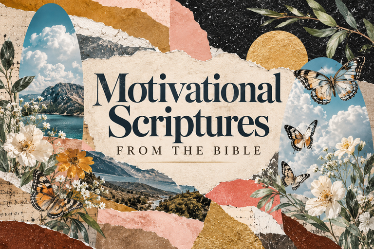 Motivational Scriptures from the Bible Christian collage with butterflies and flowers.