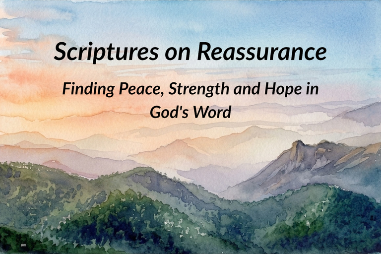Watercolor mountain landscape featuring the words Scriptures on Reassurance about finding peace, strength, and hope in God’s Word.