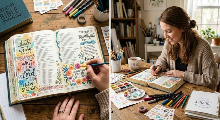 Creative Journaling Bible with colorful Scripture notes, illustrations, and Bible journaling supplies.