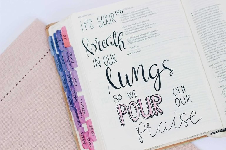 ESV Journaling Bible open to Psalm 150 with colorful hand-lettered scripture notes.