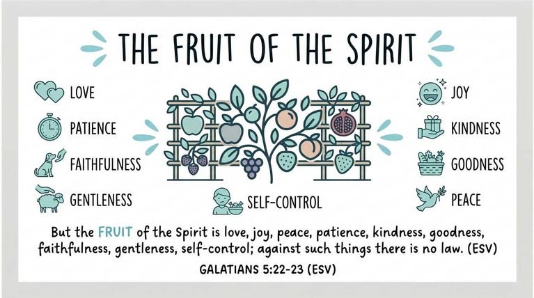 Fruits of the Spirit for Kids Bible verse illustration based on Galatians 5:22-23.
