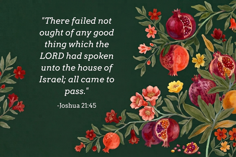 Joshua 21:45 Bible verse about God’s faithfulness with pomegranate floral artwork.